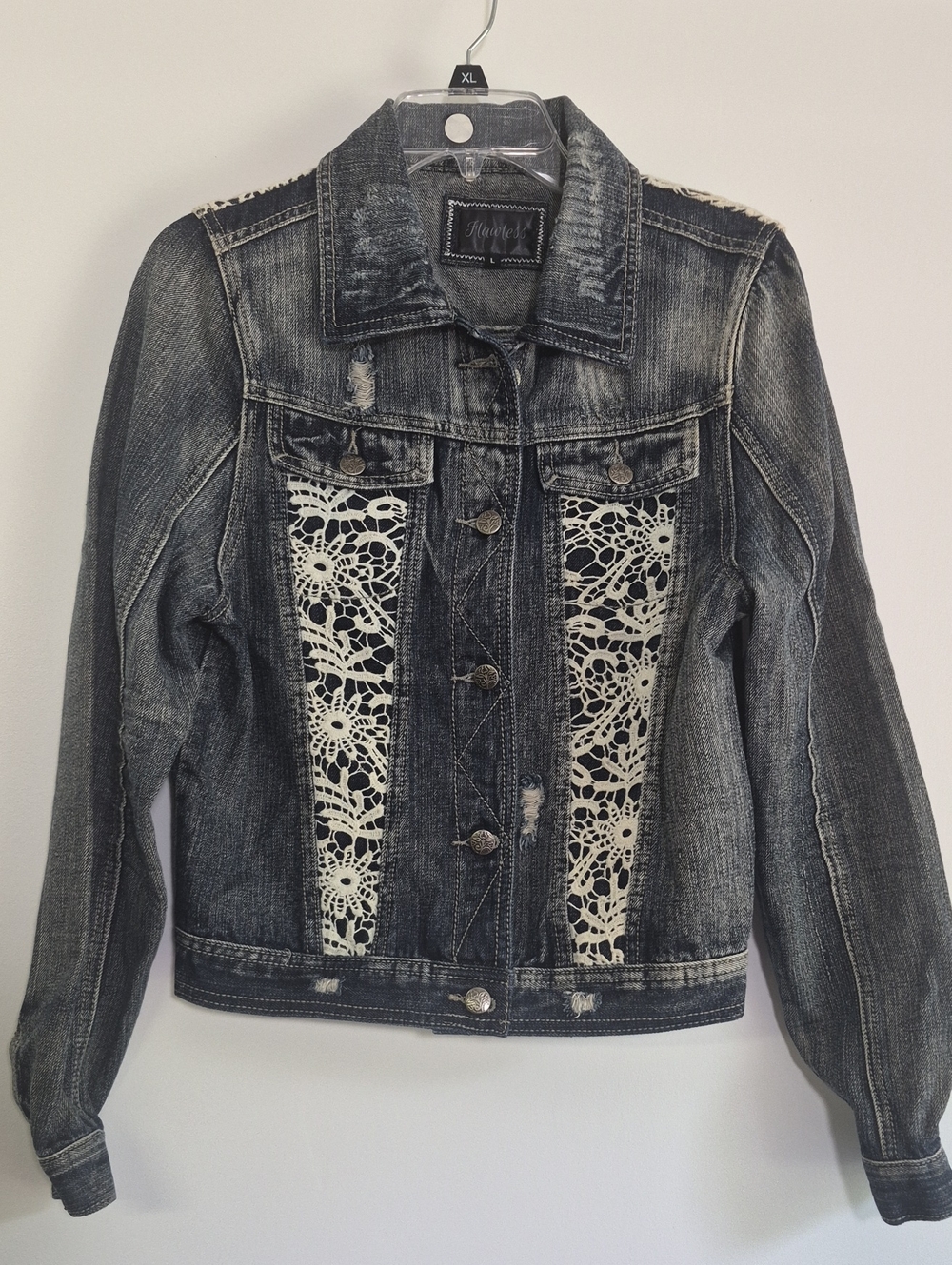 Flawless Womens  Distressed Denim Jacket with Cream Crochet Insets Sz L